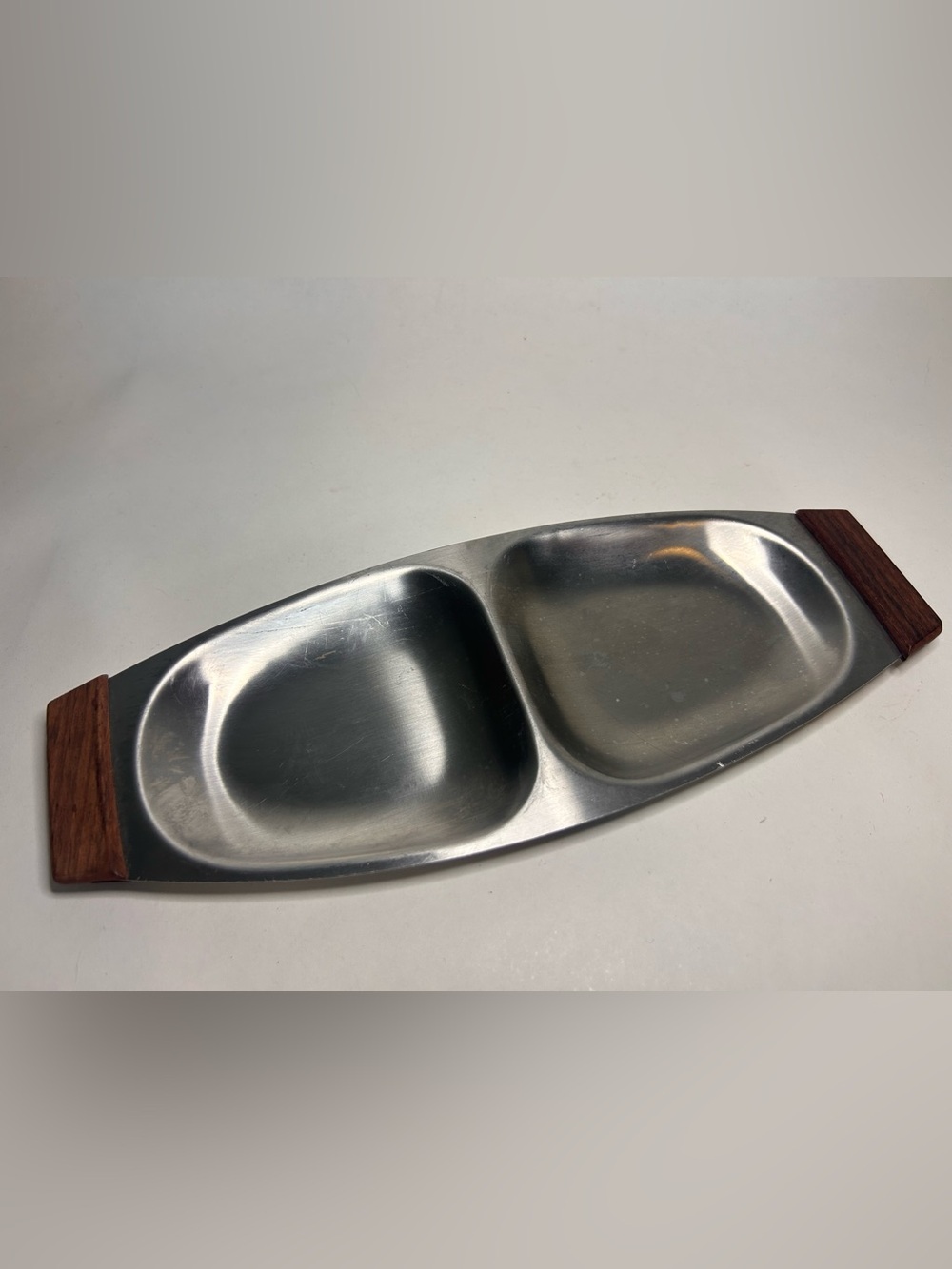 Vintage MCM Split Tray Dish Stainless Steel Japan Serving 60s Wood Handle